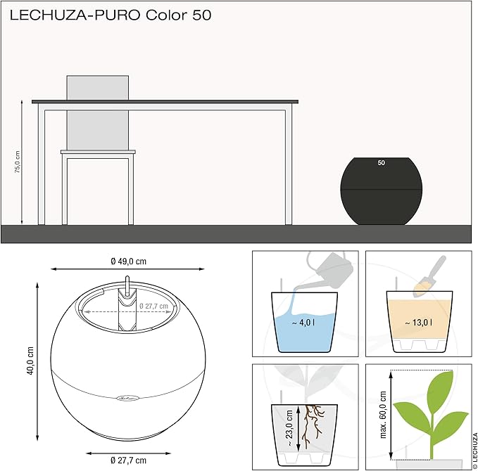 Lechuza Puro Color 50 White, Self-Watering Large Round Planter, D19.7 H15.4 in