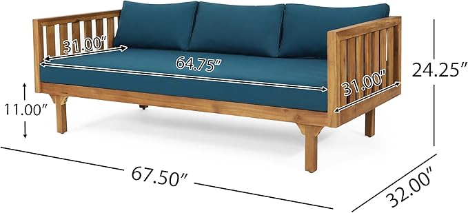 Claremont Outdoor 3 Seater Daybed with Cushions - Acacia Wood - Teak/Dark Teal