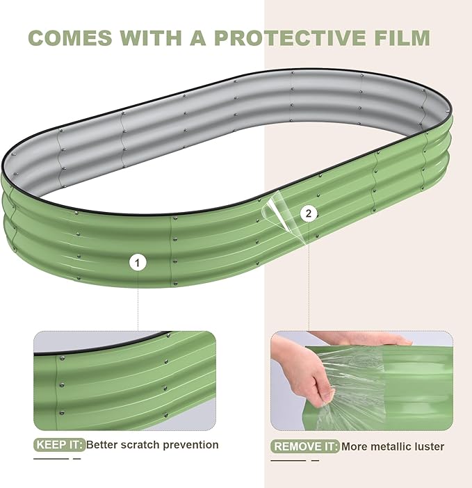 Raised Garden Bed, 8x4x1ft Galvanized Outdoor Planter Beds with Safety Edging and Gloves, Oval Metal Planter Box for Gardening Vegetables Flowers Herb-Green