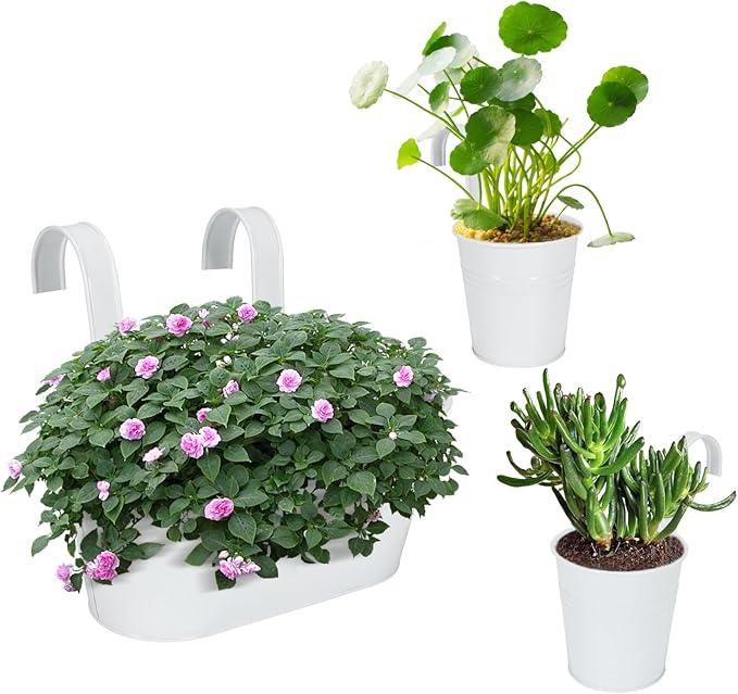 HowRU Metal Iron Flower Pots for Railing Fence Hanging Bucket Pots(5 Pcs) and Hanging Flower Pots Metal Iron Bucket Planter(10 Pcs) (White)