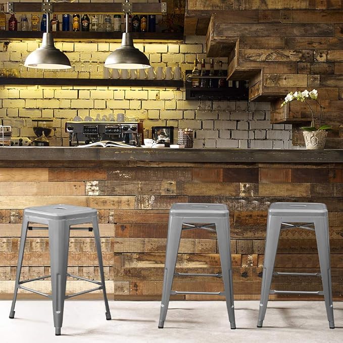 Devoko Metal Bar Stools 24" Indoor Outdoor Stackable Barstools Modern Style Industrial Vintage Counter Bar Stools Set of 4 (24 inch, Silver)