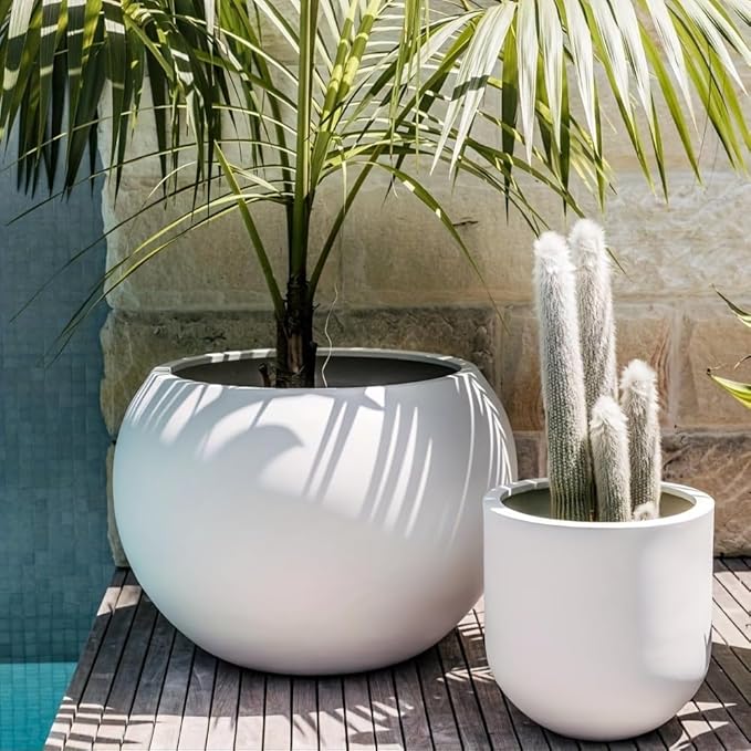 17 H x 21" Dia (15" Pot Opening) Round Fiberstone Planter with Drainage Hole, White, Indoor/Outdoor Large Plant Pot for Home Patio Garden, Ideal for Large Plants