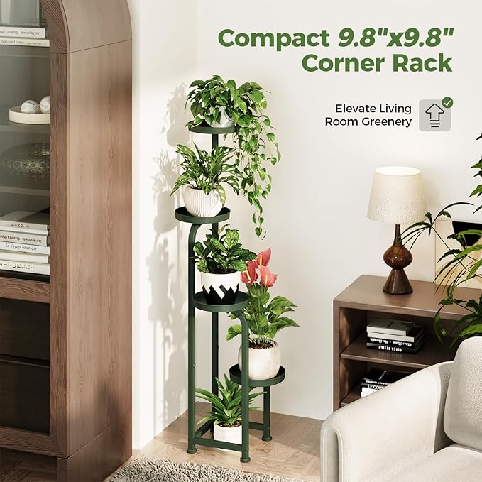 Bamworld Corner Plant Stand Indoor Outdoor, Tall Metal Flower Pot Stands for Multiple Plants, 4 Tier Dark Green Heavy Duty Plant Shelf for Patio Garden Balcony Living Room Bedroom(Patent Design)
