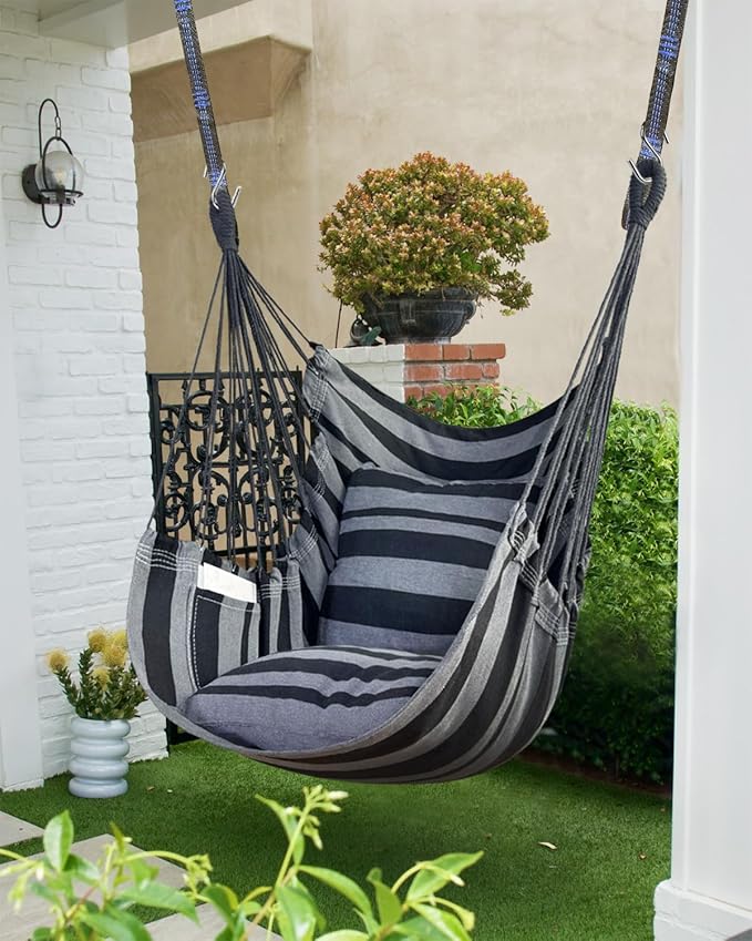 Halalona Hammock Chair Hanging Hammock Chair Rope Swing 2 Cushions Included-Sturdy & Durable Soft Cotton Hand Woven Hammock Swing for Bedroom, Porch, Patio-Indoor/Outdoor
