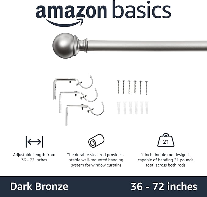 Amazon Basics Sturdy Adjustable Curtain Rod for Windows with Round Finials, Easy Installation, 1-Inch Rod, 36" to 72", Nickel, 1-Pack