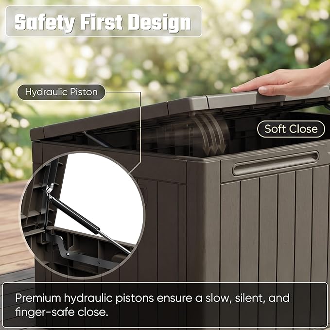 Greesum 110 Gallon Outdoor Storage Box with Lockable Lid, All-Weather Solution for Patio Furniture, Pool Supplies & Garden Tools, Waterproof, UV-Resistant Large Deck Box, Brown