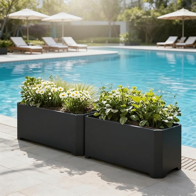 Steel Planter Box-32"x15"x15"-Rectangular Planters for Outdoor Plants, Black Matel Planter Box Raised Support Feet for Patio, Deck, Garden, Yard, Drain Holes, Easy Assembly