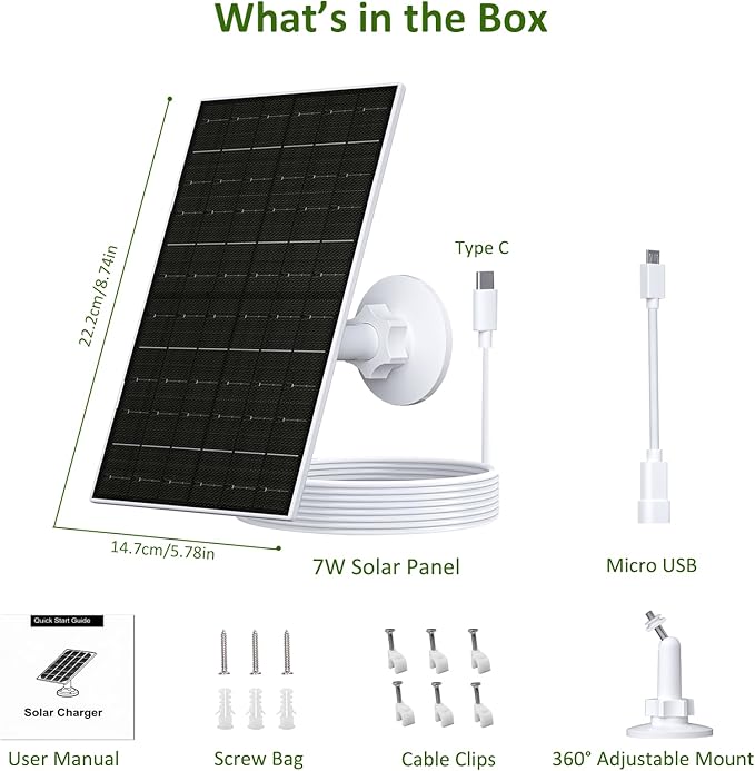 Zivif 7W Solar Panel for Security Camera for Arlo Essential 2K (2nd Gen), Essential XL & Spotlight Cameras, Solar Panel with USB-C/Micro USB Port for 5V Battery Cameras, 2 Pack