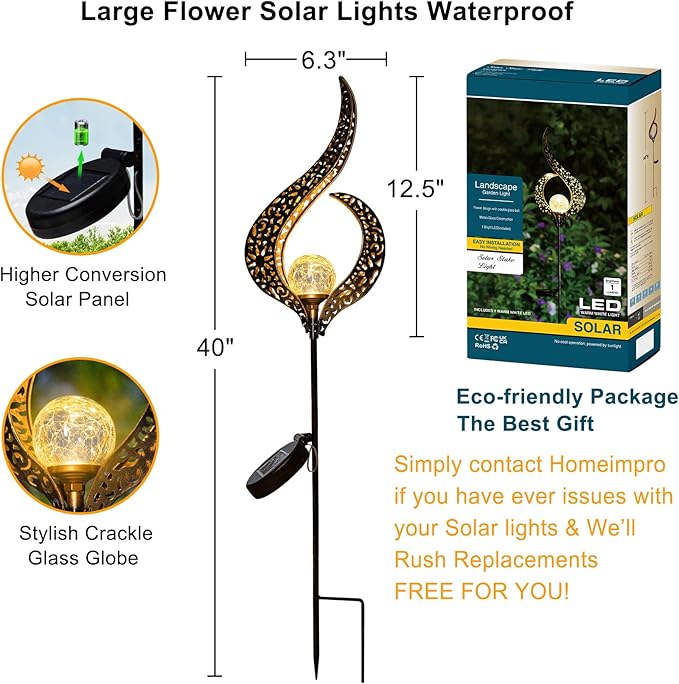 Outdoor Garden Gifts Solar Lights Stake Waterproof, Mothers Day Gifts Mom, Crackle Glass Metal Flower LED Yard Art Ornaments Lights for Pathway, Lawn or Courtyard, Birthday Gifts Women (Bronze)