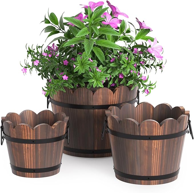 Wooden Bucket Barrel Planters, Rustic Patio Planters Flower Pots for Plants Indoor Décor, Set of 3