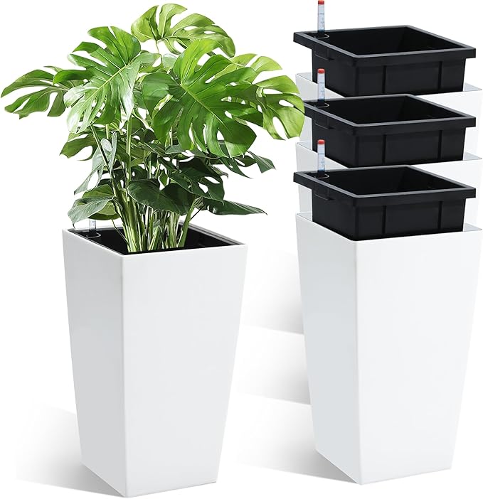Garvee 16" Tall Planters Set of 4, Outdoor＆Indoor Black Planter Pots, High Front Porch Planter Pots with Drainage Holes＆Water Level Monitor＆Inner Bucket, White