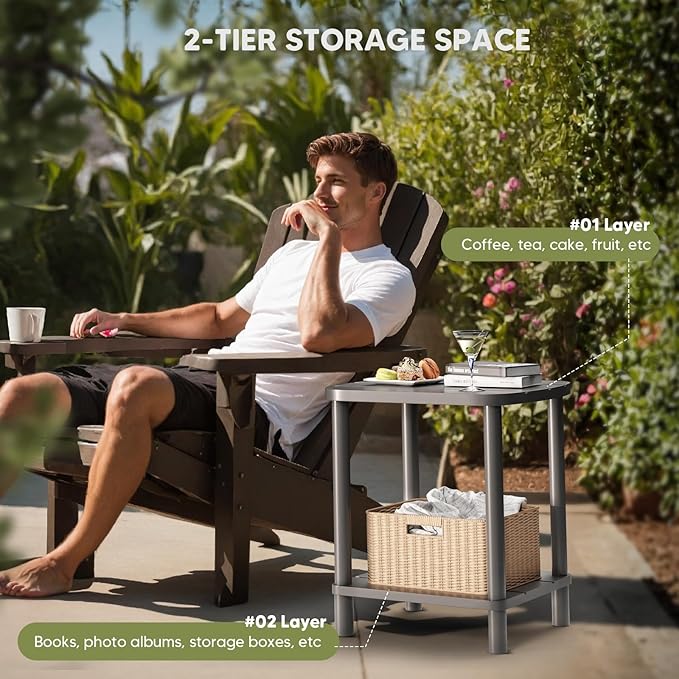 Outdoor Side Table, Adirondack Outdoor Patio Table, Bamboo Small Patio End Tables for Pool, Porch, Backyard, Bathroom and Indoor. Easy Maintenance & Weather Resistant (Grey, Standard)