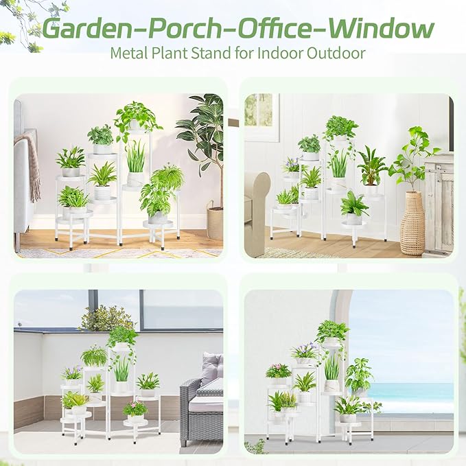 iDavosic.ly Plant Stand Indoor Outdoor, 9 Tier Corner Metal Flower Display Holder Shelf, Easy Assembly Folding Tall Orchid Rack for Patio Balcony Porch Garden Living Room House, White
