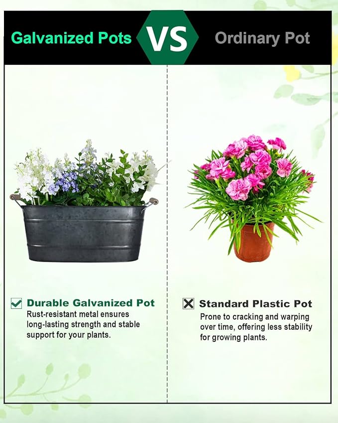 15 Inch Galvanized Planters for Outdoor Plants - 3 Pcs Rustic Large Metal Flower Buckets with Drainage & Plug, Farmhouse Style Oval Containers with Handles, Great for Home Decor, Galvanized Black