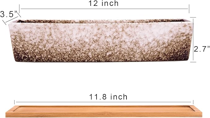 Succulent Pots - Large Succulent Planter Pots with Drainage, 12 Inch Long Rectangle Bonsai Pot with Bamboo Tray Shallow Ceramic Cactus Flower Planter Window Box for Home Garden Decor (White)