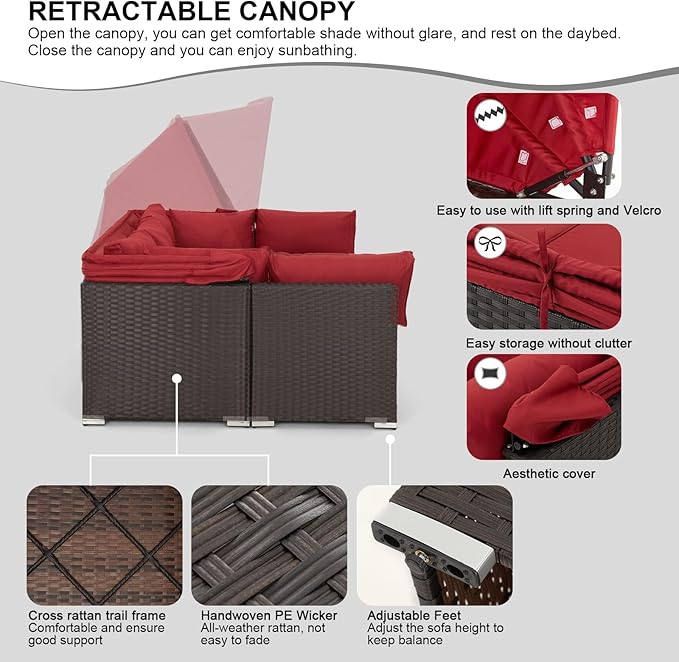 HOMREST 6 Pieces Patio Furniture Sets, Rattan Daybed with Retractable Canopy, Outdoor Sectional Sofa Set with Adjustable Backrest, Chaise Chair Sunbed for Garden Poolside Backyard(Red)