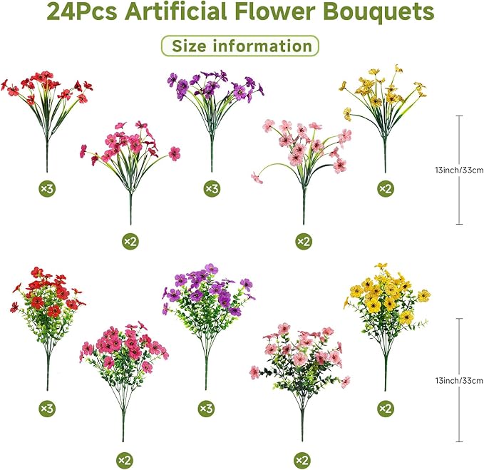 Alupssuc 24 Bundles Artificial Flowers for Outdoors Decoration, UV Resistant Silk Faux Daisy Flora Spring Fake Plastic Plants Greenery for Outside Indoor Yard Home Porch Window Box Decor, Mix 5 Colors
