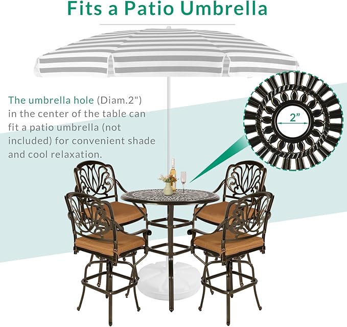 VIVIJASON 5-Piece Patio Swivel Bar Stools Set, All Weather Cast Aluminum Outdoor Bar Height Bistro Set with 4 Cushioned Bar Chairs & 35.4" High Bar Table w/Umbrella Hole for Backyard, Lawn, Garden