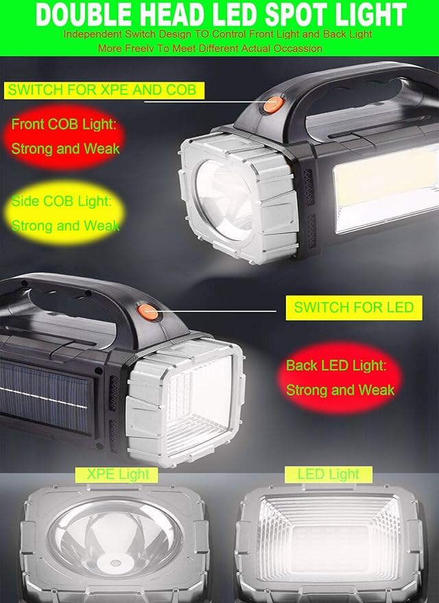 SUYOOULIN Solar Rechargeable LED Soptlight Flashlight, Super Bright 7000LM Handheld LED Searchlight, Multifunctional Camping Lantern Light, 8 Light Modes, Waterproof IPX4, for Emergency, Home