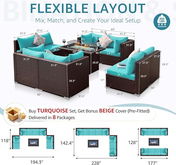 NICESOUL 9 Piece Large Outdoor Patio Furniture Set with Fire Pit Propane/Natural Gas, 29.3'' High Back Comfy Rattan Modular Sectional for 8, Deep Seat Conversation Sets, Brown Rattan and Teal Cushion