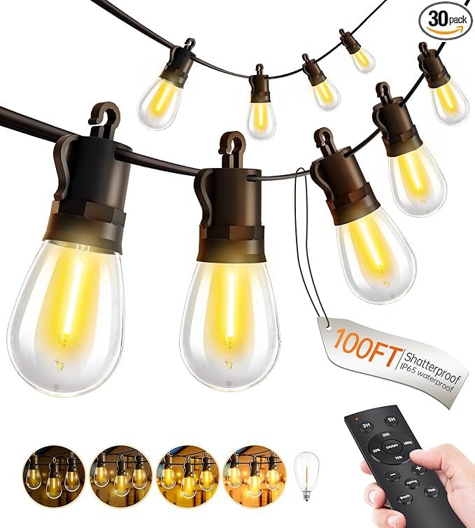 Outdoor String Lights Patio LED Light Outside - 30M 28+2 S14 LED with Remote Control 100ft Porch Lighting IP65 Waterproof