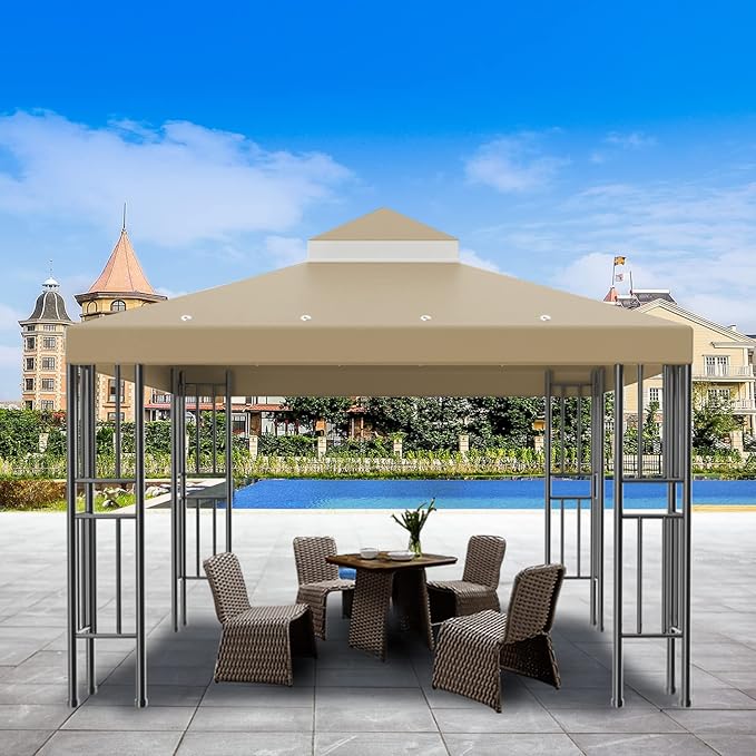 Sumfaller 10x10 FT Gazebo Replacement Canopy Top Cover Double Tiered Canopy Top Cover for Outdoor BBQ Roof Cover Grill Shelter (Brown)