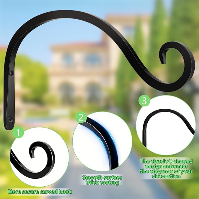 BOLITE Plant Hangers Outdoor Indoor, 8 Inch Wall Plant Hooks, Metal Bird Feeder Hanger for Hummingbird Feeders, Planters, Lanterns, Wind Chimes, Home Decor, 2 Pack, Black, Gifts for Women Men