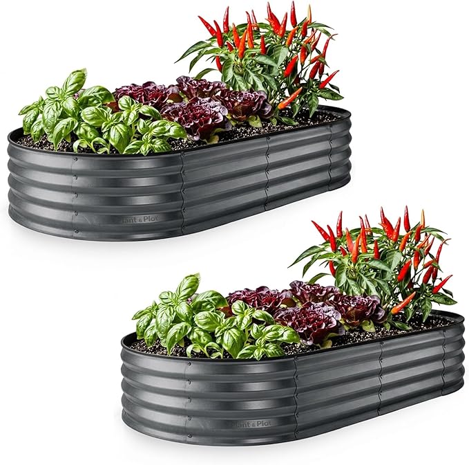Plant & Plot Galvanized Raised Garden Beds Outdoor // 6×3×1 ft (2-Pack) Planter Raised Beds for Gardening, Vegetables, Flowers // Large Metal Garden Box // Patented Tool-Free Design (Gray)