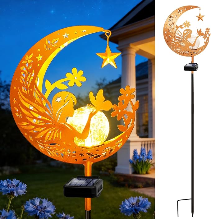 ZNYCYE Solar Lights Outdoor Decorative Moon Angel Solar Stake Lights Pathway Lights, Birthday Gifts for Women mom Grandma,Fairy Garden Decor Waterproof for Walkway, Yard, Lawn, Patio (Warm White)
