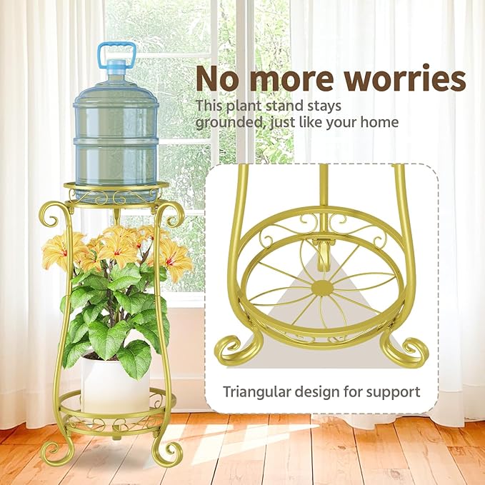 LASZOLA 2 Tier Gold Metal Plant Stand for Multiple Large Planters Indoor Outdoor Organizer, Heavy Duty Tall Flower Stand for Corner Patio Bathroom Office, Modern Sturdy Vertical Iron Rack, Cat Proof