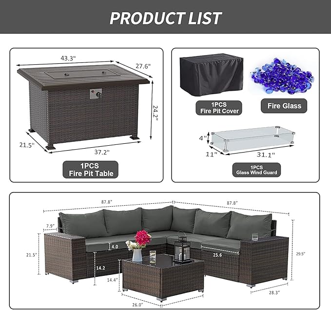 Kullavik 7 Pieces Outdoor Patio Furniture Set with 43" 55000BTU Gas Propane Fire Pit Table PE Wicker Rattan Sectional Sofa Patio Conversation Sets,Grey