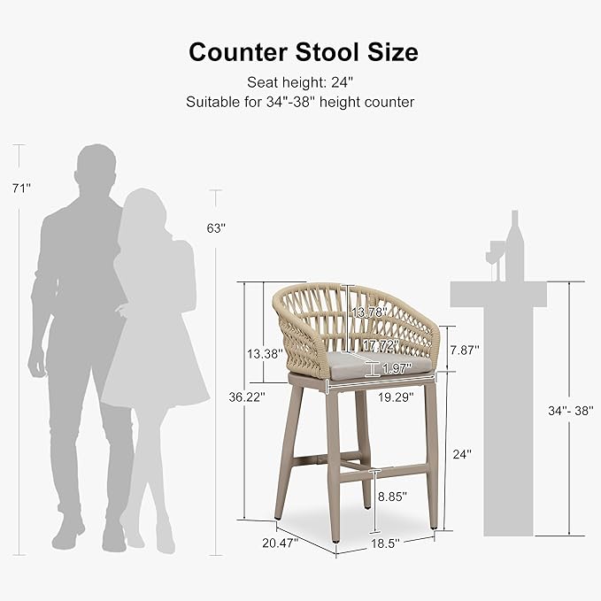 PURPLE LEAF Outdoor Rattan 24" Counter Height Bar Stools Chair Set of 2, Modern Upholstered Patio Bar Stool with Backrest for Indoor and Outdoor, Kitchen Island, Champagne