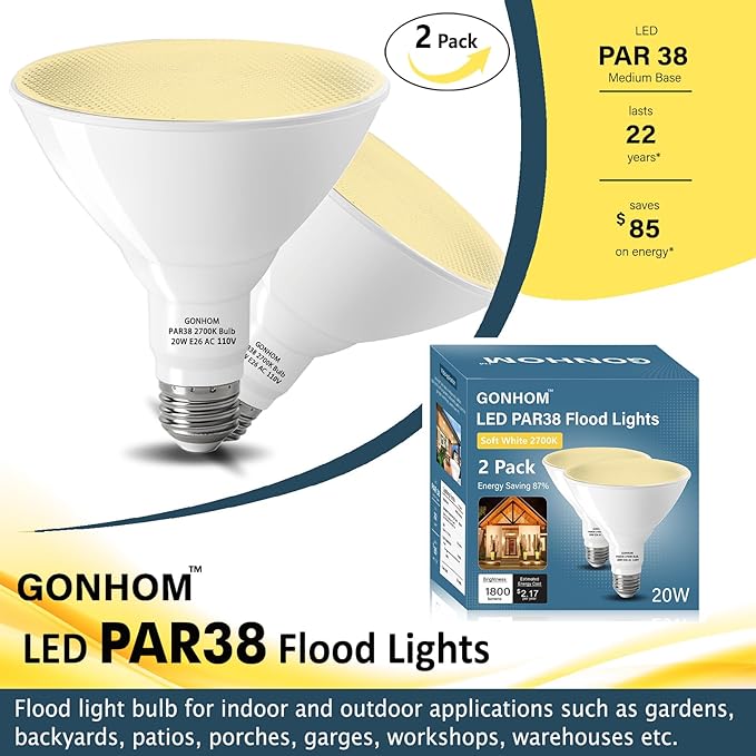 Par38 led Flood Lights Outdoor Light Bulb,Dimmable 1800LM,20W Replace up to 200W,Outdoor Flood Light Bulbs for Backyard,Garage,Porch,Garden,6 Pack 2700K Warm Light
