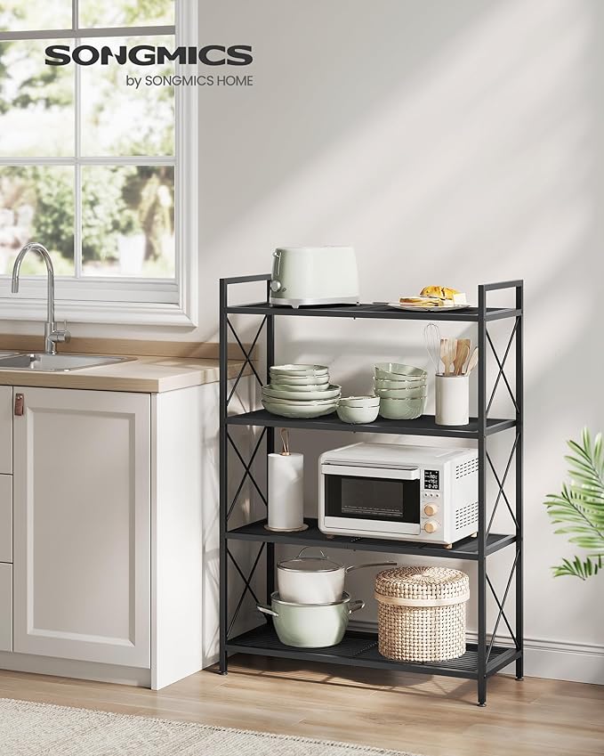 SONGMICS 4-Tier Metal Storage Rack, Shelving Unit with X Side Frames, Dense Mesh, 12.6 x 31.5 x 44.3 Inches, for Entryway, Kitchen, Living Room, Bathroom, Industrial Style, Ink Black UBSC184B01