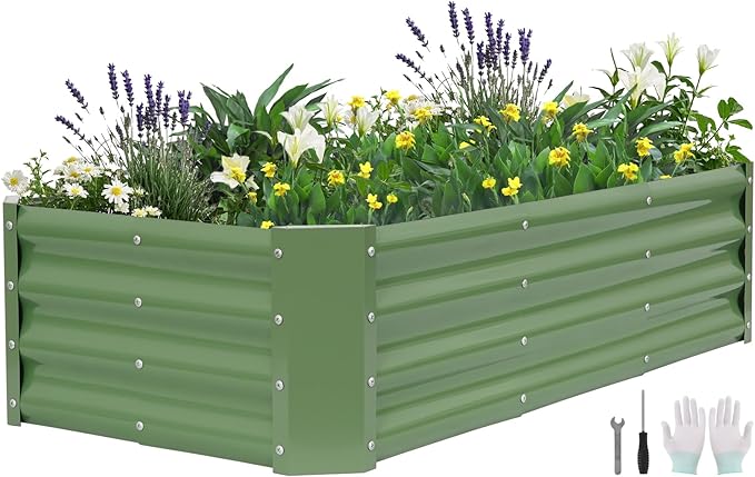 Galvanized Raised Garden Bed - 4x2x1ft Metal Garden Planter Box Outdoor | Steel Raised Bed Kit with Bracing Rods, Gloves for Gardening Vegetables Fruits and Flowers (Oliver Green)