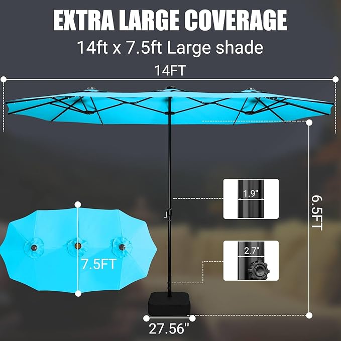 LEVELEVE 14FT Double-Sided Patio Umbrella with Base Included, Large Outdoor Rectangular Market Umbrella for Backyard, Poolside, Lawn & Garden,Blue