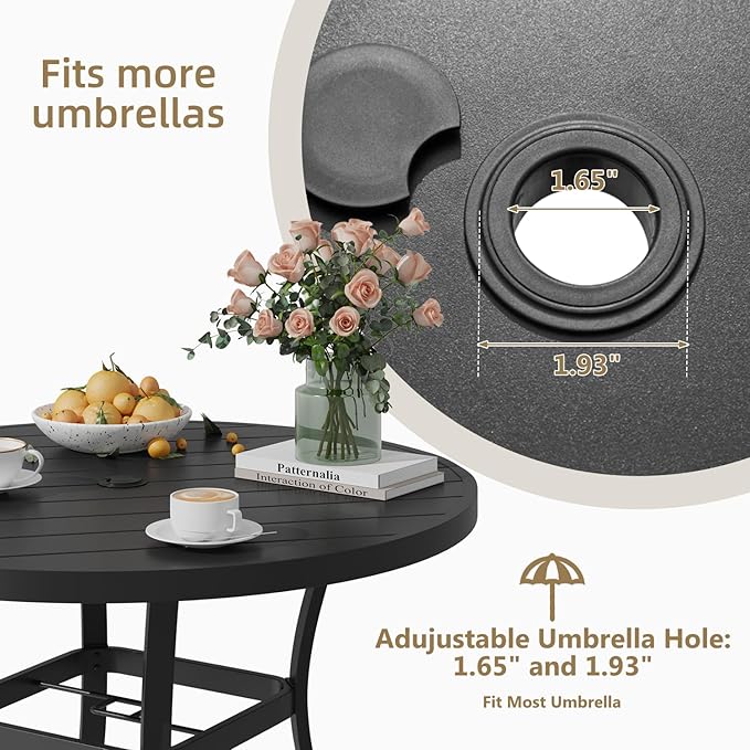 MELLCOM 42'' Round Outdoor Dining Table for 4, Metal Patio Dining Table with Umbrella Hole, All-Weather Black Table for Porch, Garden, Backyard, Poolside, Lawn