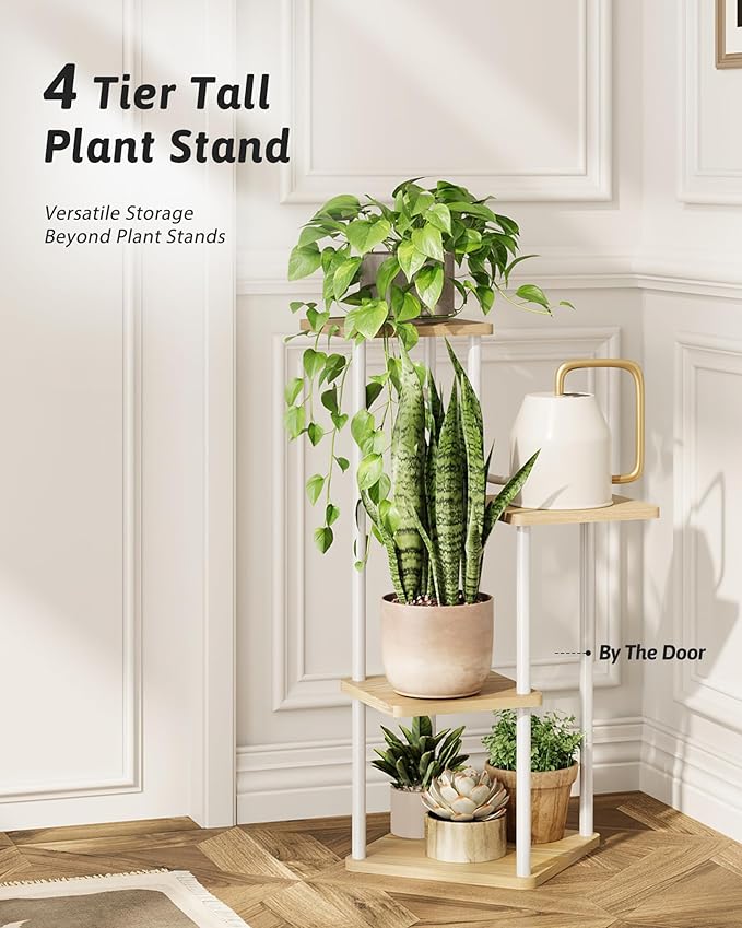 Tall Plant Stand Indoor 4 Tiered Plant Shelf for Multiple Plants Coner Shelf Stand Wood Plant Stand Metal Shelving for Living Room Bedroom Balcony Patio White