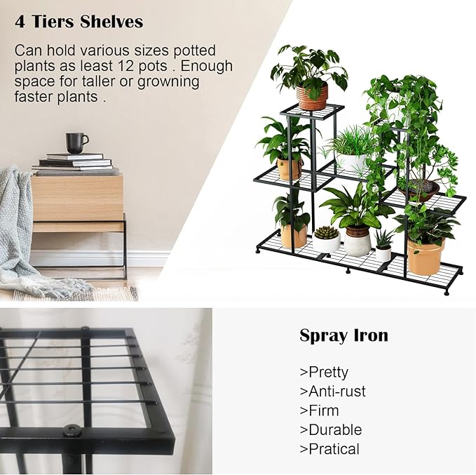Twhep Metal Plant Stand, 5 Tiers Multifunctional Plant Stands for Indoor Plants, Decorative Black Steel Plant Shelf for Indoor Patio Garden Balcony and Yard (4 tiers 12 pots)