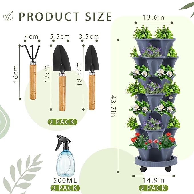 Umigy 2 Set of 7 Tier Vertical Planter Stackable Tower Planters Strawberry Herb Flower and Vegetable Pots Indoor Outdoor Gardening Pots with Removable Wheels and Tools(Dark Gray)