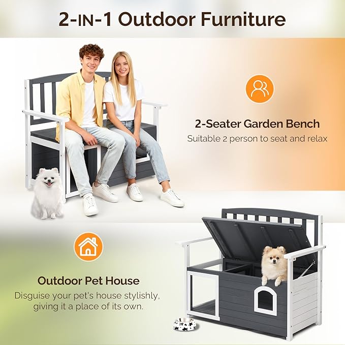 VINGLI Outdoor Storage Bench with Built-in Dog House, 2-in-1 Outdoor Waterproof Patio Bench with Pet Kennel for Patio Backyard Porch (Gray)