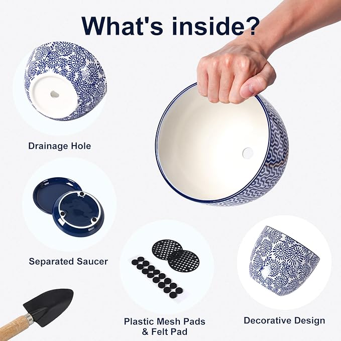 Selamica Ceramica Plant Pots, 6.5 Inch Flower Pots Set of 2 with Drainage Holes & Saucer, Planters for Indoor Plants, Home Decor, Vintage Blue