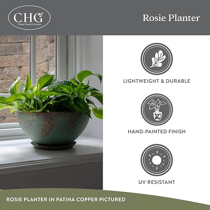 Classic Home and Garden Rosie Modern Planter w/Drainage - Contemporary Planter Bowls - Shallow Round Vases for Small Plants - Versatile Indoor & Outdoor Pots (10” Earth)