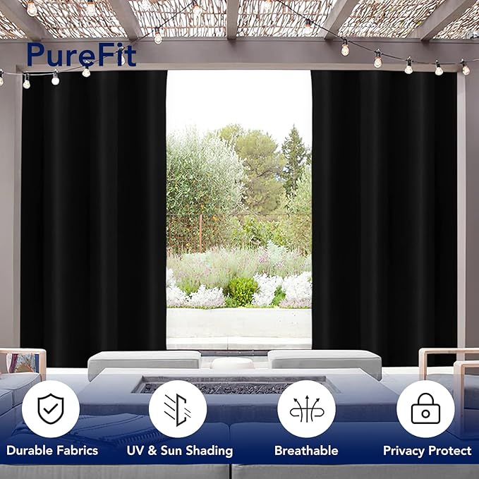 PureFit Outdoor Curtains for Patio Waterproof Weatherproof, UV and Fade Resistant Outside Curtains for Gazebo, Front Porch, Pergola, Sun Blocking Privacy Curtain, 52W x 84L inch, 1 Panel, Black