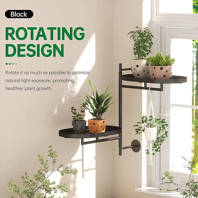 Rotating Window Shelves for Multiple Plants Indoor,2-tier Metal Corner Black Plant Stand Holder Floating Hanger Shelf for Wall，Windows Sill Gifts for Planter Lover to Enhance Home Decor