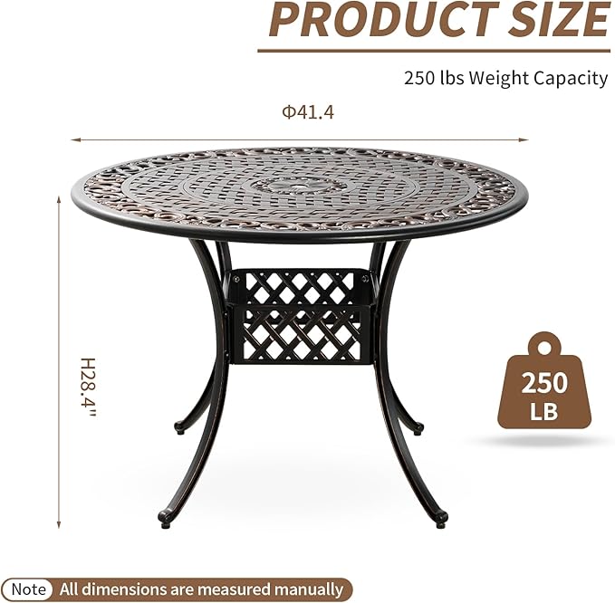 41" Round Patio Dining Table with Umbrella Hole, Outdoor Cast Aluminum Bistro Conversation Outdoor Table for Backyard Porch Pool Balcony Deck