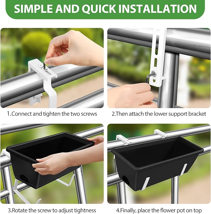 OYEAL 4 Pack Railing Planter Box Outdoor Hanging Balcony Planters 17 Inch Window Boxes Planter with Adjustable Brackets Plastic Flower Pots for Garden Deck Porch Railing Balcony Fence, Black & White