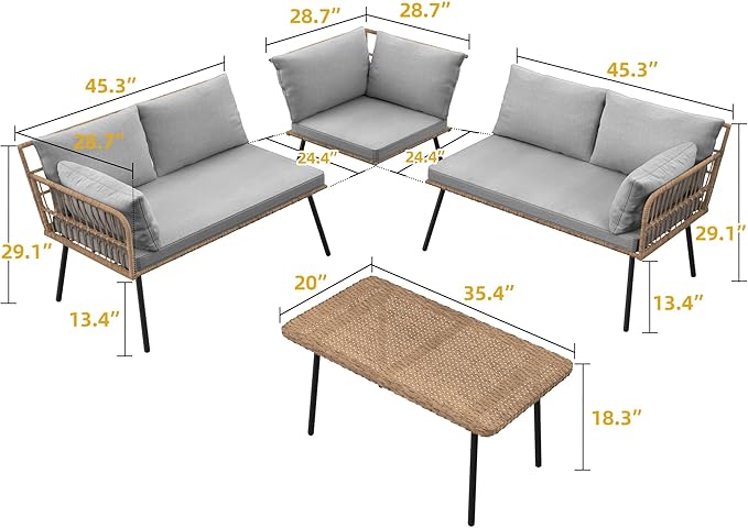 DWVO 4-Piece Outdoor Sectional Sofa Set, All-Weather Wicker L-Shaped 5-Seater Patio Furniture with Removable Cushions & Side Table, Boho Conversation Set for Backyard, Porch, Deck (Grey)