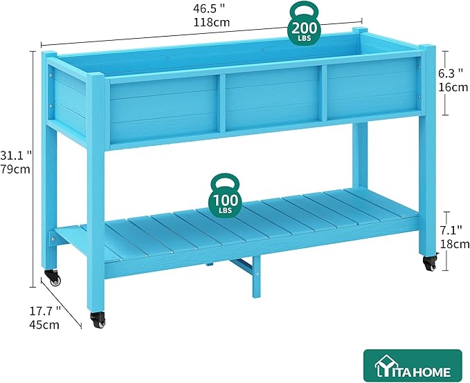 YITAHOME Raised Garden Bed HDPE, 47x18x31In Raised Flower Bed Poly-Wood Weather-Resistant Elevated Planter Box with Lockable Wheels & Storage Shelf for Vegetable Flower, Aruba Blue
