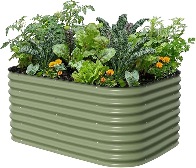 Vego garden 26" Extra Tall Raised Garden Bed Kits, 6 in 1 Modular Raised Planter Box for Vegetables Flowers Fruits Oval Metal Raised Garden-Olive Green